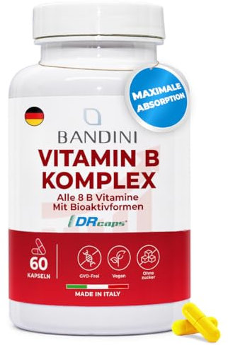 Bandini® Vitamina B Complex | Complejo B con B1, B2, B3, B5, B6, B7, B9, Betaína, Colina, Inositol | 60 Cápsulas DR CAPS | Aumenta el nivel de energía y mejora la concentración y la memoria