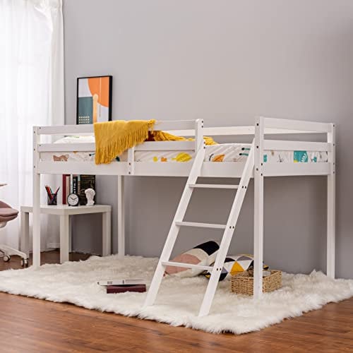 Panana Mid Sleeper With Ladder, Cabin Bunk Bed Solid Pine Single Bed for Kids, White, 01 Bunk