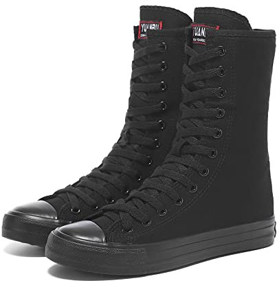 Momuk Tenis de lona de caña alta para mujer, con cordones, a la moda, casuales, para mujer, Negro 10, 38 EU