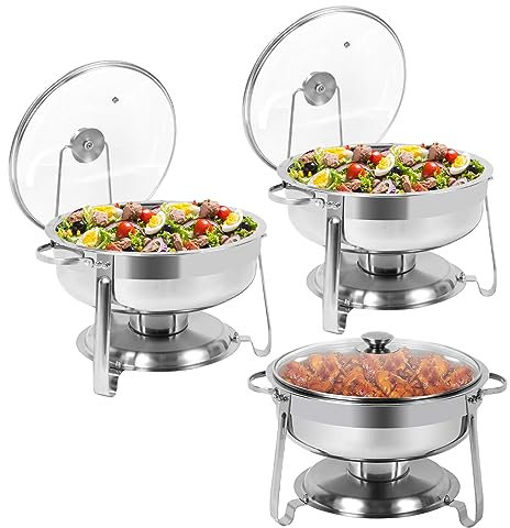 BriSunshine 3 Packs Round Chafing Dish Buffet Set, 4 QT Stainless Steel Chafing Dishes with Glass Lid & Lid Holder, Catering Food Warmers for Parties Buffet Weddings Events