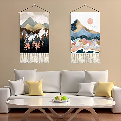 CULASIGN 2 Stück Makramee Wandbehang Gewebt Tapisserie, Berge Wälder Sonne Mond Vögel und Hirsche Landschaft, Boho Deko Wanddekon Wandteppich Chic Wanddeko Schlafzimmer Home Decor (Landschaft A)