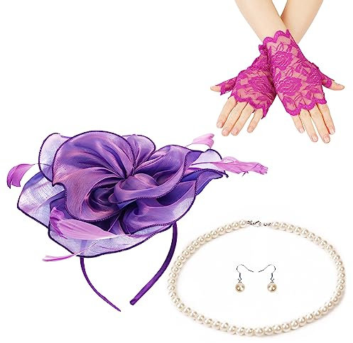 Elegante Fascinator Hüte Damen, Blumen Feder Hüte Derby Set Tea Party Hüte für Damen mit Spitzenhandschuhen Perlenkette Ohrringen für Hochzeit Cocktail Cosplay Party (Lila)