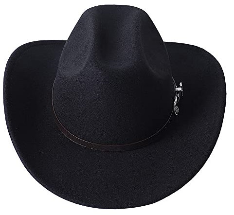 GRNUS Klassischer Westernhut aus Filz mit aufrollbarer Krempe, Cowboy-Cowgirl-Hut für Damen und Herren, mit Westerngürtel, Schwarz, Einheitsgr��e