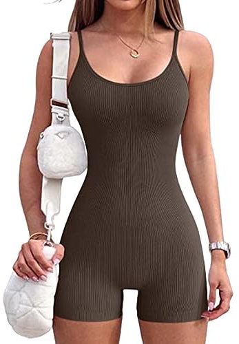 Rongseng Jumpsuit Damen Kurz Eng Sexy Ärmellose Yoga Romper Spaghetti Strap Bodycon Jumpsuits Sommer Tank Top Einteiler Overall One Piece Bodysuit Stretch Fitness Workout Sport Romper Outfits