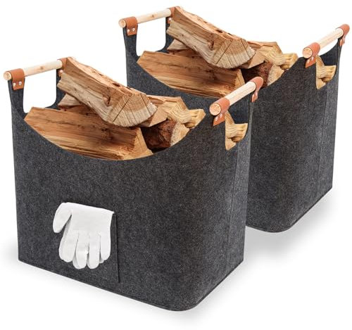 FINEW Cesta de Madera para Leña de Chimenea, Juego de 2 Unidades Con Guantes, Bolsas de Fieltro Plegables Grandes para Guardar Leña