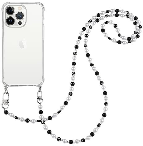Pnakqil Coque avec Cordon pour iPhone 12/12 Pro 6.1 de Smile Perles Corde Collier, Étui Silicone Transparent TPU Antichoc Bumper Housse avec Cordage Crossbody Chaîne Lanyard Case, Noir
