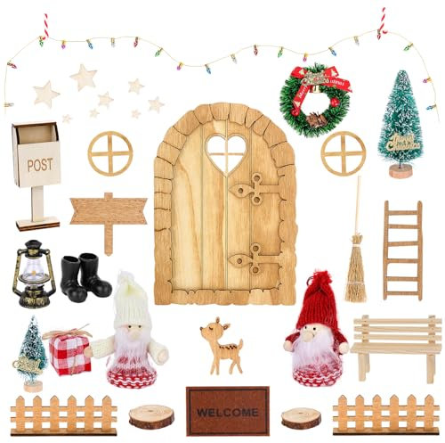 26 Stück Wichteltür Zubehör Weihnachten Set, Weihnachtswichtel Tür Weihnachtsdeko Elfentür, Holz Wichtel Tür mit Miniatur Briefkästen, Zäun, Stiefel, Kranz, Feentür Set für Kinder Geschenke