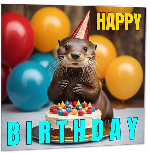 Otter Geburtstagskarte – Otter in einem Partyhut Happy Birthday Karte 145 x 145 mm