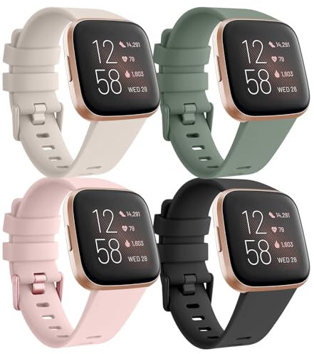 Tobfit 4Stück Silikon Armband für Fitbit Versa 2/Versa/Versa Lite/SE - Weiches Sport Ersatzband für Damen und Herren (S, Schwarz/Starlight/Rosa/Avocadogrün)