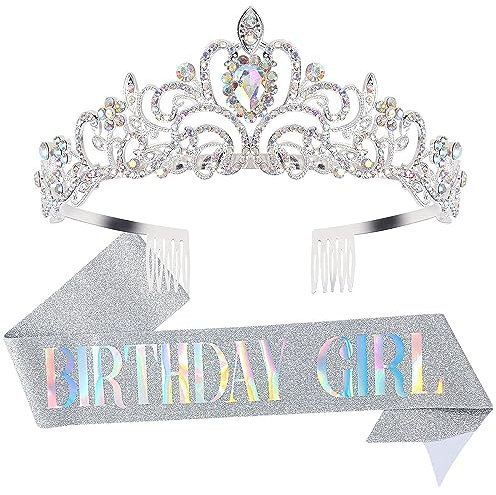 Geburtstag Mädchen Schärpe & Strass Tiara Sets, Geburtstag Schärpe und Tiara Stirnband für Mädchen Frauen Geburtstag Dekoration (Silber)
