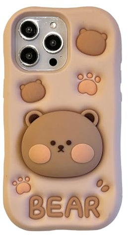 YAKVOOK 3D Cartoon Case for iPhone 14,Kawaii Phone Case Cute Funny Bear Case with Bear Holder for Women Girls Soft Silicone Shockproof Cover for iPhone 14