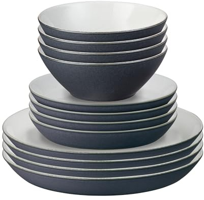 Denby - Impression Charcoal Blue 12 Piece Dinner Set - Dishwasher & Microwave Safe Stoneware Plate & Bowl Set - Includes 4 x Small Plates, Dinner Plates & Cereal Bowls - Ceramic Tableware