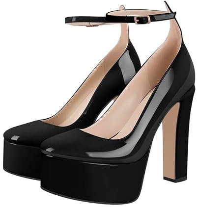 blingqueen Mary Jane Pumps Blockabsatz High Heels Knöchelriemchen Plateau Schuhe Lack Schwarz 40 EU
