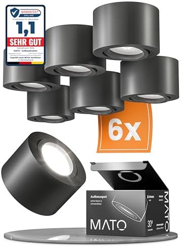 MATO 6x LED Aufbauspot Schwarz - Extra Flach & Schwenkbar - Ø80x50mm - Aufputz Spots Decke Inkl. 5W Modul 230V - 4000K Neutralweiß - Deckenspots, Aufbaustrahler, Deckenstrahler