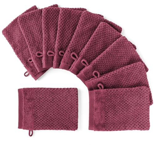 Pure Label 10-TLG. Waschhandschuh Set 16x21cm mit Anhängeschlaufe aus 100% Baumwolle, saugstark, weich und Oeko-TEX Zertifiziert - 10 Waschlappen aus Baumwolle, Beere