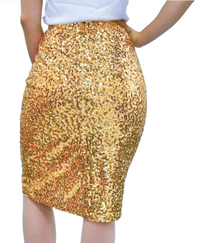 MUNAFIE Damen Glitzer Rock Pailletten Rock Sexy Party Rave Skirt Outfit Wickelrock Röcke für Damen Gold-L