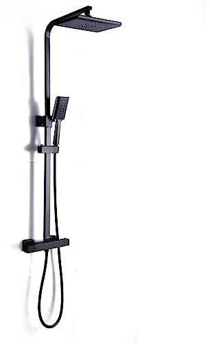 Système de douche avec thermostat, mitigeur de douche, douche à effet pluie, douchette à main et étagère en verre chromé, kit complet avec bec inférieur en acier inoxydable, colonne de douche, douche