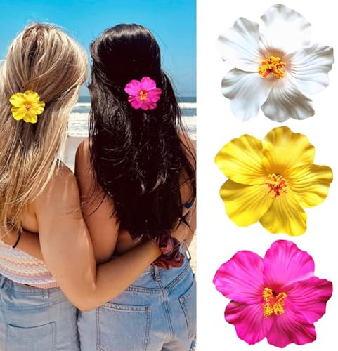 Aikeis 3-teilige Hawaii-Blumen-Haarspangen, Damen-Frangipani-Haarspangen, 8,9 cm, künstliche Blumen-Clips für Urlaub, Strandparty (weiß, gelb, rosa)