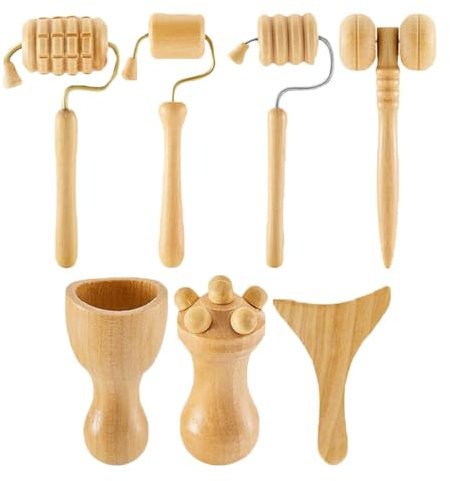 Eoixuqba Masseur en bois portatif, masseur à tasse en bois,Ensemble de 7 tasses de massage bras, visage et jambes en bois | Outils de massage manuels pour femmes, modelage du corps, pour salon,