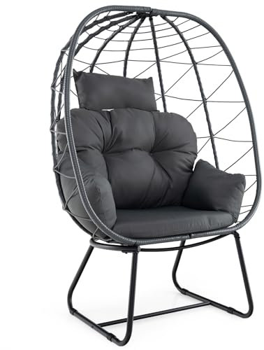 COSTWAY Standing Rattan Garden Egg Chair, Oversized Patio Lounge Chair with Thick Cushions and Headrest, Steel Frame Indoor Outdoor Wicker Egg Basket Chair Teardrop Sofa Seat for Balcony Porch (Grey)