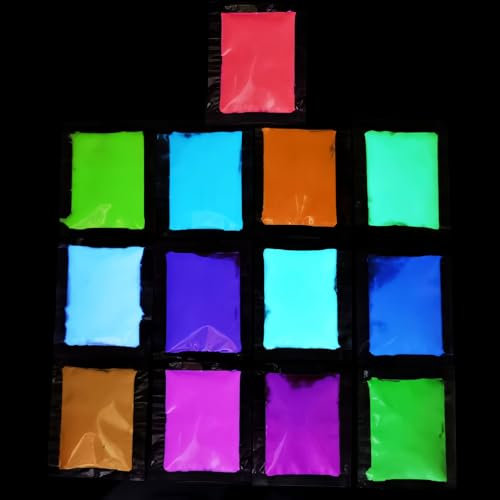 Polvos Luminoso, Pigmentos Luminiscentes 13×10g Colores, Pintura en Polvo Fluorescente, Pigmento Fluorescente para Resina Epoxi, Slime, Uñas, Nail, Pintura, Acrílico