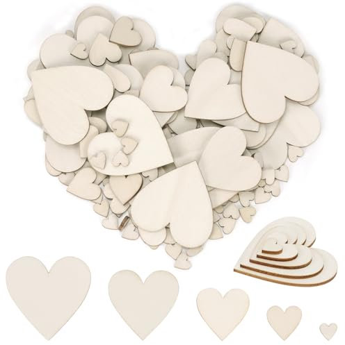 Swpeet 300Pcs 5 Sizes Unfinished Wood Heart Cutouts Assortment Kit, Blank Wood Heart Slices, Wooden Heart Ornaments, Wooden Heart Shaped Embellishments Slices for Crafts Christmas Wedding Decoration