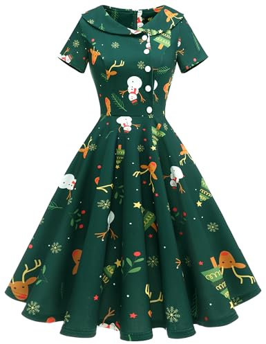 Wedtrend Cocktailkleid Damen Midilang Elegant Wellenpunkt Vintage Kleider Kleid im Audrey Hepburn Stil WTP20007 ArmygreenChristmasDeer L