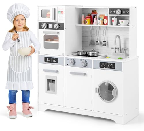 COSTWAY Cuisine Enfant avec Distributeur d’Eau & Machine à Laver, Cuisiniere Enfant avec Lumière & Effet Sonore, Micro-Ondes & Cafetière, Jeu de Cuisine pour Garçons Filles de 3 Ans+