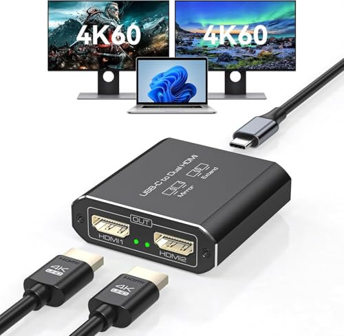 JCYMELE Dual 4K@60Hz Extended Display USB C auf Dual HDMI Adapter für 2 Monitore Typ C Port zu HDMI Splitter 1 in 2 Out Gleichzeitig für Laptops MacBook Pro Air [macOS nur Support SST Mode]