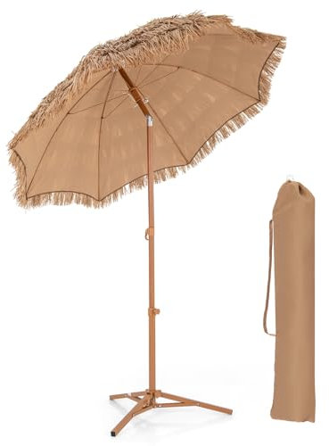 COSTWAY Ombrellone in Paglia PP da 200 cm, Ombrellone da Spiaggia Hawaiano con Inclinazione Regolabile, con Base Pieghevole, Borsa per il Trasporto, per Giardino Piscina