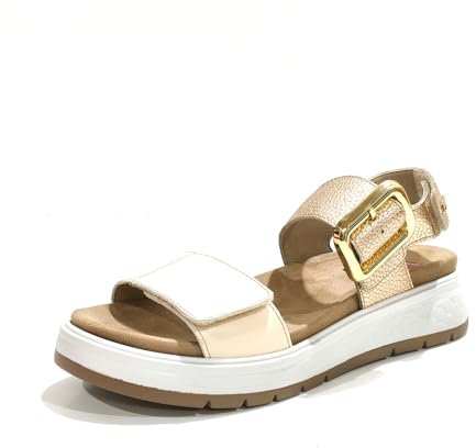 Fluchos - Sandalia de pala, casual,cuña media,plantilla extraible,con cierre de hebilla y dos tiras adesivas, para: Mujer color: RAW talla:38