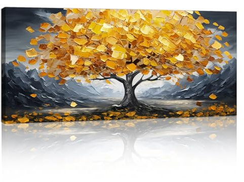 Groß Blühende Gelb Glück Baum Leinwandbilder Bilder Mit Rahmen, Grau Schnee Berg bild auf leinwand Wandkunst Modern Wandbilder Kunstdruck Gemälde Deko für Wohnzimmer Schlafzimmer Aufhängen 50×120cm