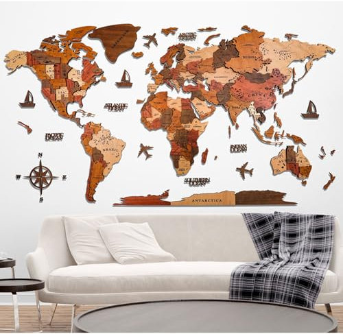 Mappa del mondo in legno 3D da parete, dimensioni extra large 59/79/98/118 pollici, decorazione artistica da parete 3D, decorazione artistica moderna per la casa, quadro da appendere al soggiorno(A,Ex