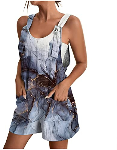 PAIDAXING Jumpsuits for Women UK Summer Short Dungarees Sleeveless Cotton Linen Playsuits Loose Fit Adjustable Strappy Overalls Ladies One Piece Short Rompers with Pockets