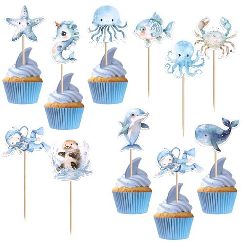 CharmeFleur 40 Stück Meerestier Cupcake Toppers Hai Delfin Seestern Tintenfisch Seepferdchen Cupcake Zähler Unter dem Meer Baby Shower Dekorationen für Unter dem Meer Thema Party