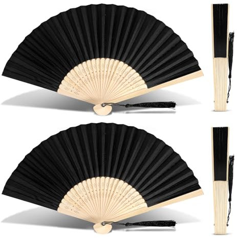 Nogeqi 2 Pcs Hand Fan Folding Handheld Folding for Women Men Black Manual Bamboo Fans Hand Held Chinese Fan with Tassel for Wedding Party and Home Decoration
