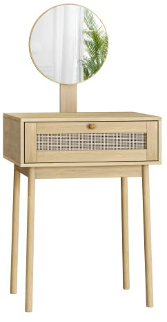 Coiffeuse avec miroir et 1 tiroir en rotin, table de maquillage, sans tabouret, 60 x 50 x 94 cm, couleur naturelle