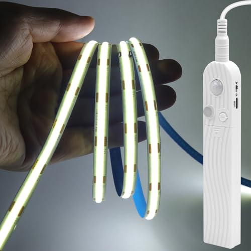 GQL Motion Sensor COB LED Strip Lights - PIR 5V Battery or USB Powered, Self-Adhesive for Closet Wardrobes Cabinets Stairs (Cold White, 5m)
