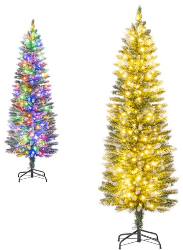 COSTWAY 5 FT/6 FT Pre-Lit Slim Pencil Christmas Tree, Snowy Artificial Xmas Tree with Branch Tips and LED Lights, Indoor Festive Decoration Tree