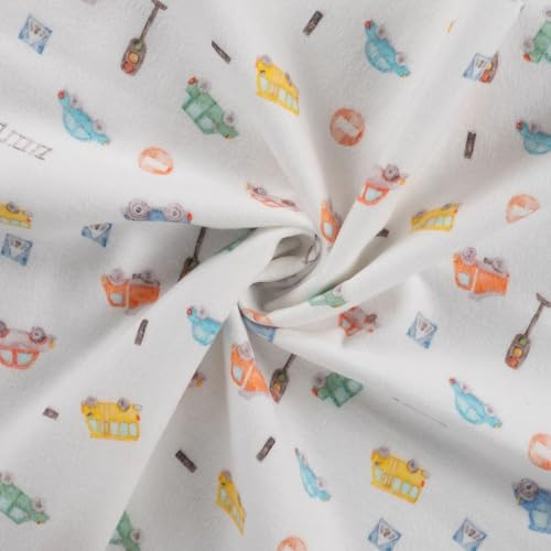 Baumwoll-Flanellstoff Digitaldruck – 100 % Baumwolle, 145 cm breit, 150 g/m² – Kuschelstoff Meterware für Baby & Kinder, 5 Designs, ecru – Nähen (Autos)