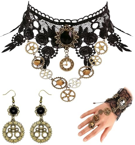 Spetsbst 3 Stück Steampunk Accessoires Damen, Steampunk Zubehör Zahnräder Halskette Damen Ohrringe Armbänder für Karneval Cosplay