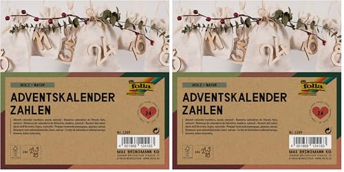 folia 2209 - Adventskalender Zahlen, Holz natur, 24 Zahlen aus Holz zum Aufhängen (Packung mit 2)