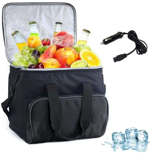 Portable Electric Cooler, 15L 12V DC Car Refrigerator, Keeps Food Fresh, with Shoulder Strap and Storage Pocket for Camping, Trucks, and RVs