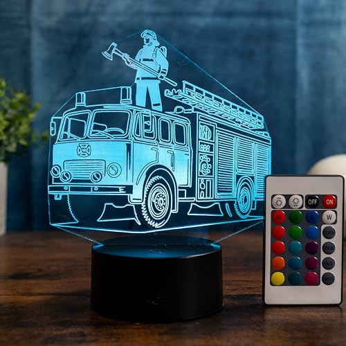 SpadinsLaserDreams Feuerwehr Lampe – LED Feuerwehrmann Nachtlicht, Geschenk für Kinder & Feuerwehr Fans, Feuerwehrauto Deko, 16 Farben dimmbar
