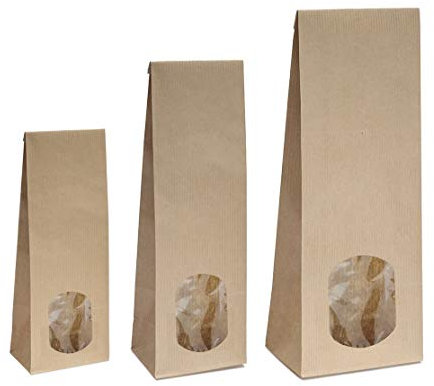 500x Blockbodenbeutel mit ovalem Sichtfenster - 100g - 7 x 4 x 20,5 cm - Papiertüten Bodenbeutel Geschenktüte Papierbeutel Tütchen Kraftpapier Papierbeutel Adventskalendertüten zum Befüllen