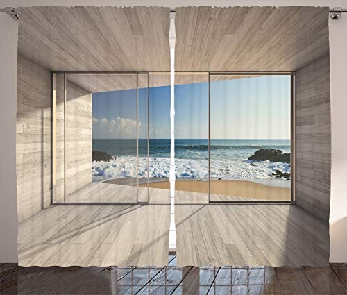 ABAKUHAUS Moderno Tende, Vista del Mare Onde Rocks, Casa Arredamento Elemento Distintivo Due Pannelli Set, 280 x 245 cm, Beige Bianco