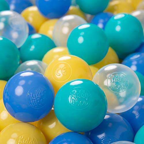 KiddyMoon 100/6Cm ∅ Balles Colorées Plastique pour Piscine Enfant Bébé Fabriqué en EU, Turquoise/Bleu/Jaune/Transparent