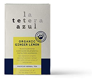 LA TETERA AZUL Infusión Ecológica De Jengibre Y Hierba Limón. Té Adelgazante Orgánico. Organic Ginger Lemon. 20 Bolsitas De 1,5 Gramos.
