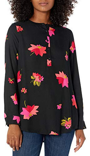 Amazon Essentials Camicetta in Tessuto a Maniche Lunghe Donna, Nero Rosa Floreale, M
