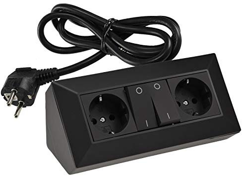 ChiliTec 2-fach Steckdosenblock Aufbau-Steckdose mit Schalter 1,5m Kabel Schwarz 2x 230V schaltbare Steckdosen + 2x Wippen-Schalter I Ecksteckdose mit 90° Winkel I 230V Unterbau Aufbau Montage
